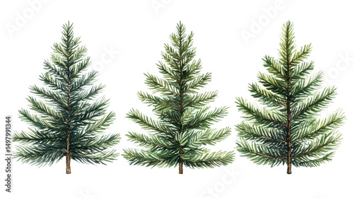 Watercolor Illustration of Three Pine Trees Isolated on PNG Transparent Background