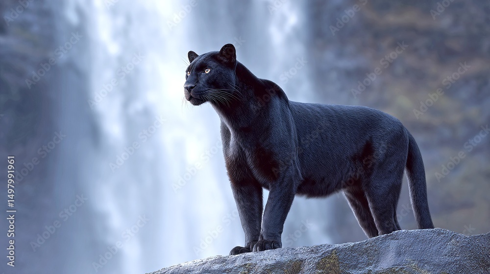 Fototapeta premium A majestic black panther stands confidently beside a stunning waterfall. The elegant form of the panther contrasts beautifully with the cascading water. A perfect blend of wildlife and nature. AI