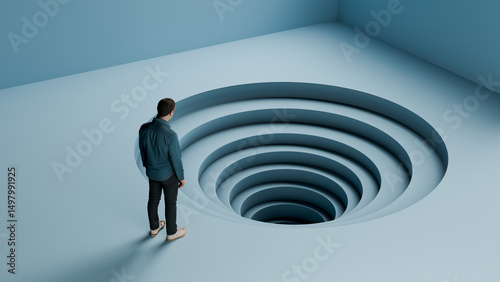 Man Standing Over Endless Downward Spiral - Concept of Debt, Despair, and Inescapable Cycles, 3D Render