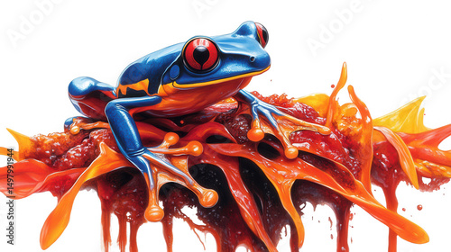 Vibrant Red-Eyed Tree Frog on a Splashy Orange Flower PNG transparent background