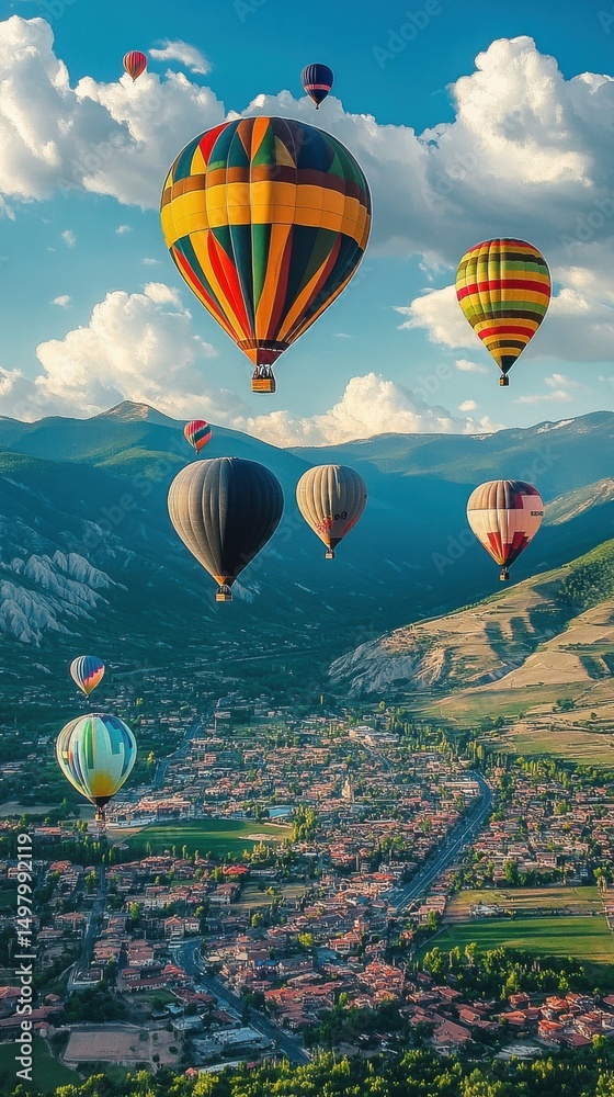 Fototapeta premium Hot air balloons float gracefully above a scenic valley town during a vibrant afternoon in Cappadocia
