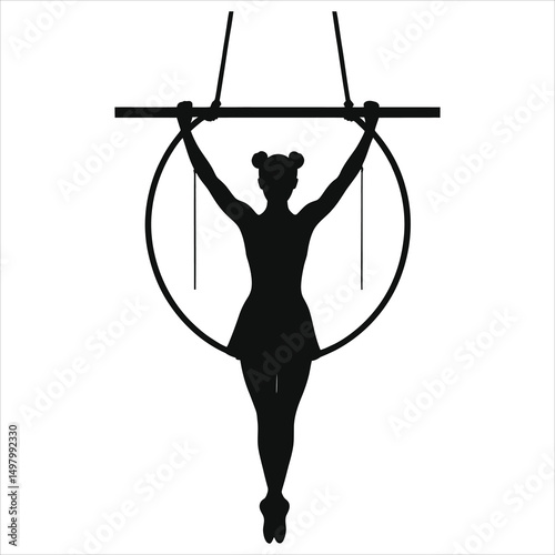 Vector Silhouette of a young gymnast performing on aerial hoops/A striking silhouette of a young female gymnast performing an aerial hoop routine.