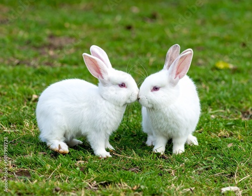 beautiful white rabbits on the green grass, rubbing each other's photo