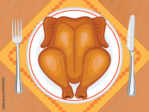 Whole roast chicken on a plate top view vector illustration. Roasted chicken on a wooden table above view vector. Fried whole turkey on the table drawing