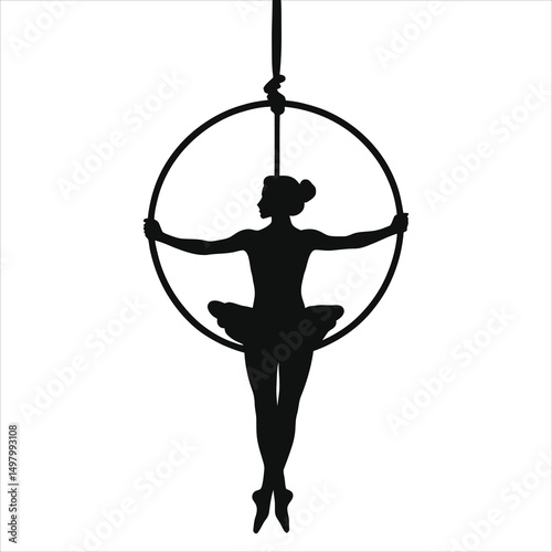 Graceful Vector Silhouette of a Ballerina in an Aerial Hoop/A striking silhouette of a ballerina performing an aerial hoop routine.