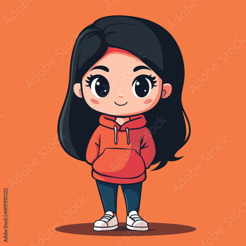 Cartoon girl with black hair wearing an orange hoodie and blue jeans