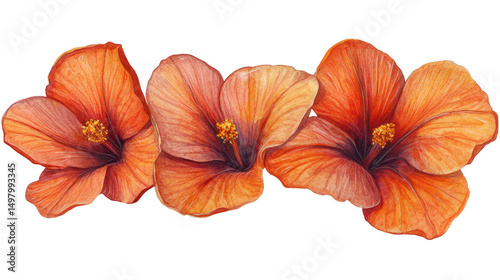 Elegant watercolor illustration of three hibiscus flowers on PNG transparent background