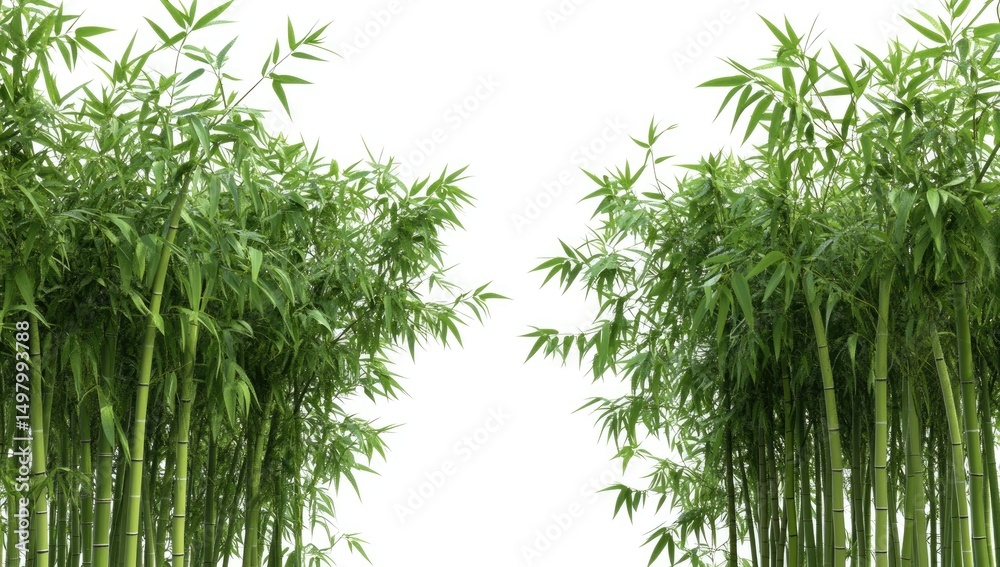 Naklejka premium Lush green bamboo stalks densely packed, symmetrical arrangement against white background
