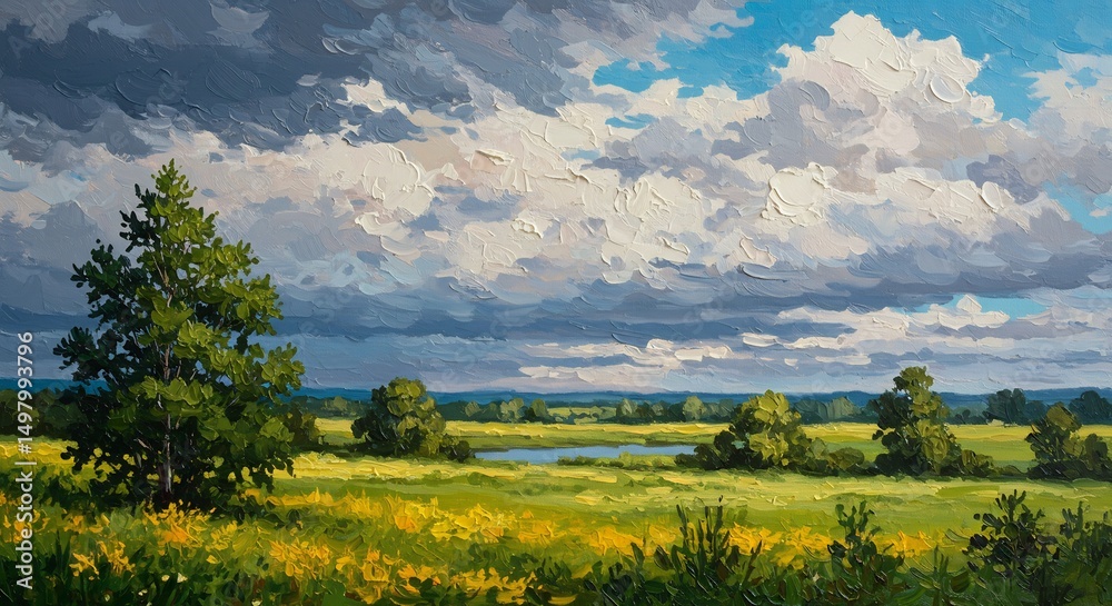 Fototapeta premium 夏の草原風景 緑豊かな木々と白い雲