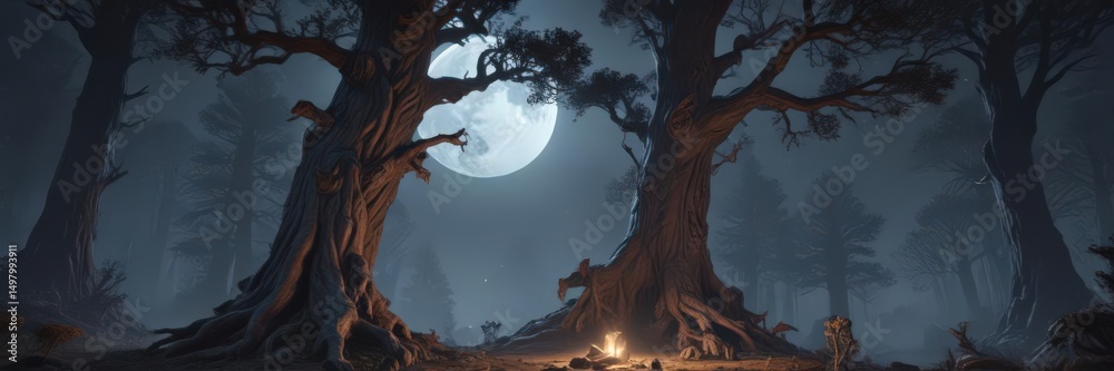 Fototapeta premium Lone wolf howls, moonlight bathes ancient trees , wildlife photography, fauna