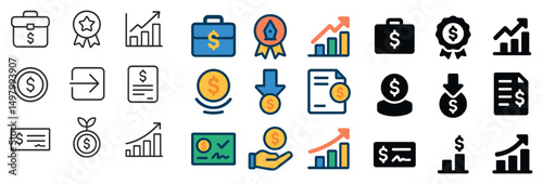 Financial and business icon collection: silhouette, linear, flat styles for growth and success