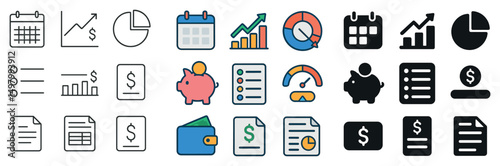 Business financial icon collection: silhouette, linear, and flat styles for analytics