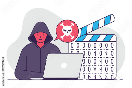 A hacker with laptop and clapperboard representing cybersecurity risk in entertainment