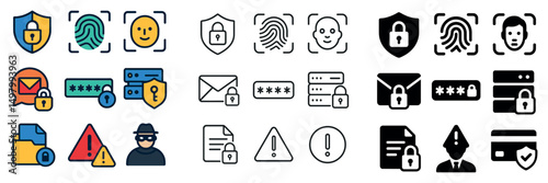 Cyber security icon collection: linear, silhouette, and flat styles for digital protection
