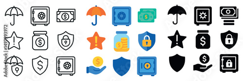Security and finance icon collection: silhouette, linear, and flat styles for safety