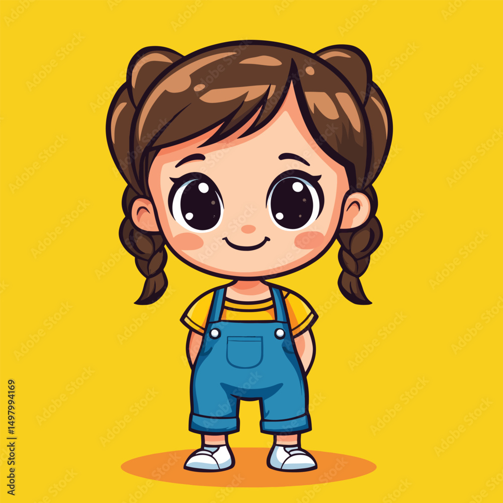 Cartoon girl with braided pigtails wearing blue overalls and a striped shirt Cartoon girl with braided pigtails wearing blue overalls and a striped shirt