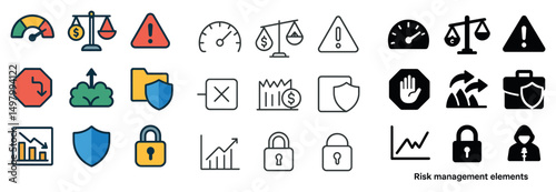 Financial risk and security icon collection: silhouette, linear, flat styles for analysis