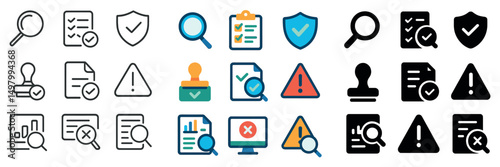 Audit and compliance icon collection: silhouette, linear and flat styles. quality assurance set