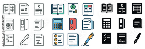 Finance and accounting icon collection: silhouette, linear, and flat styles for business