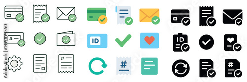 Business essentials icon collection: silhouette, linear, and flat styles for office tasks