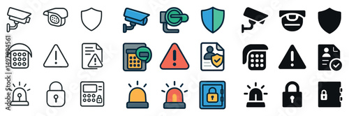 Security and surveillance icon collection: silhouette, linear, and flat styles set
