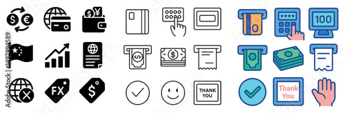 Finance and business icon collection: silhouette, linear, and flat style set