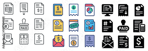 Finance and payment icon collection: silhouette, flat, linear styles for business