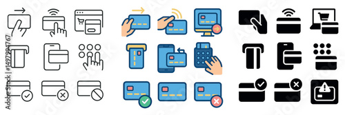 Payment methods icon collection: silhouette, linear, flat styles. finance and commerce set