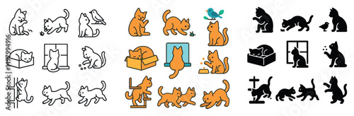 Cat activities icon collection: silhouette, linear, and flat designs for pet lovers