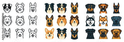 Dog breeds icon collection: silhouette, linear, and flat styles. pet care and adoption set