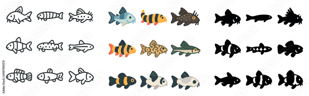 Fototapeta premium Aquatic life icon collection: silhouette, linear, and flat styles. ocean and marine symbols set