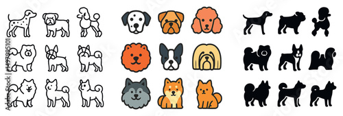 Dog breeds icon collection in silhouette, linear, and flat styles. pet and canine designs