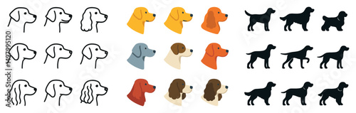 Dog breeds icon collection: linear, silhouette, flat styles. pets and animals graphic set