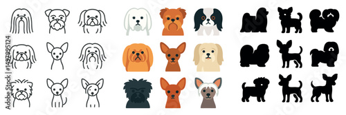 Dog breeds icon collection: silhouette, linear, and flat styles for pet lovers