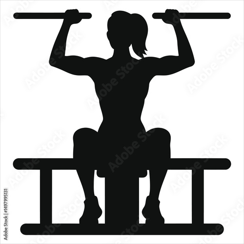Vector Silhouette of Strong Woman Performing Seated Lat Pulldown Exercise/A black silhouette of a woman performing a seated lat pulldown exercise on a weight machine.