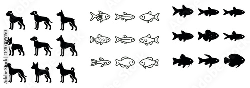 Pet animals icon collection: silhouette, linear, and flat styles. dog and fish symbol set