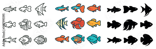 Aquatic life icon collection: silhouette, linear, flat fish icons for marine themes
