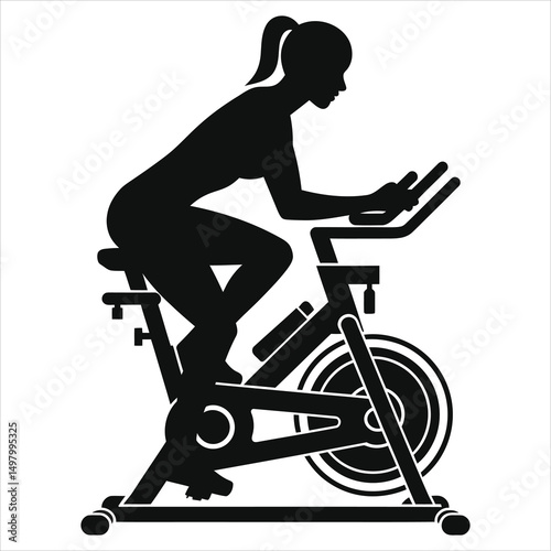 Woman Vector Silhouette Exercising on a Stationary Bike/A bold, black silhouette of a woman cycling on a stationary exercise bike against a white background.