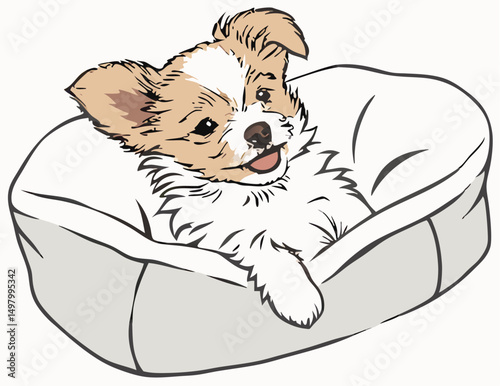 A cheerful puppy lounges in a soft, cozy bed, radiating warmth and comfort. Its playful expression and relaxed pose capture a moment of pure joy. This heartwarming illustration brings a smile