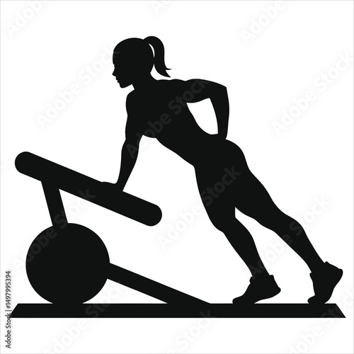 Female Vector Silhouette Performing a Gym Exercise/A powerful silhouette of a woman exercising on a weight training machine.