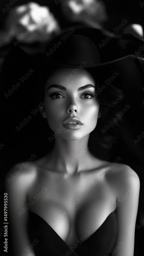 Woman in a hat posing elegantly, retro, in black and white, for fashion magazines
