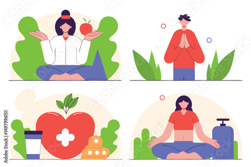 Wellness and healthcare illustration showing meditation healthy eating exercise and wellbeing