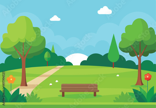 green lawn summer tree in the park vector illustration landscape background.