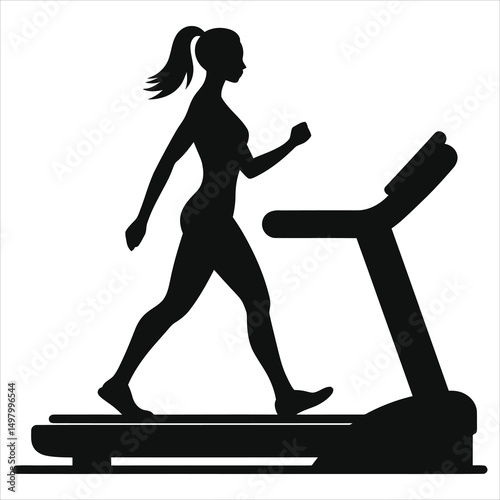 Woman walking on a treadmill, fitness vector silhouette/A simple, black silhouette of a woman walking on a treadmill against a white background.