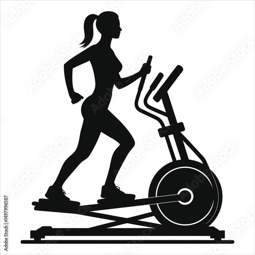 Vector Silhouette of a Woman Exercising on a Treadmill/This vector silhouette depicts a woman using a treadmill for exercise.