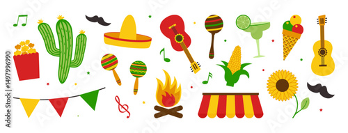 Festa Junina Brazil carnival, latin summer party icon, music june festive. Tradition farm symbol. Sunflower, straw hat, popcorn, ice cream, note, mustache isolated on white bg. Vector illustration