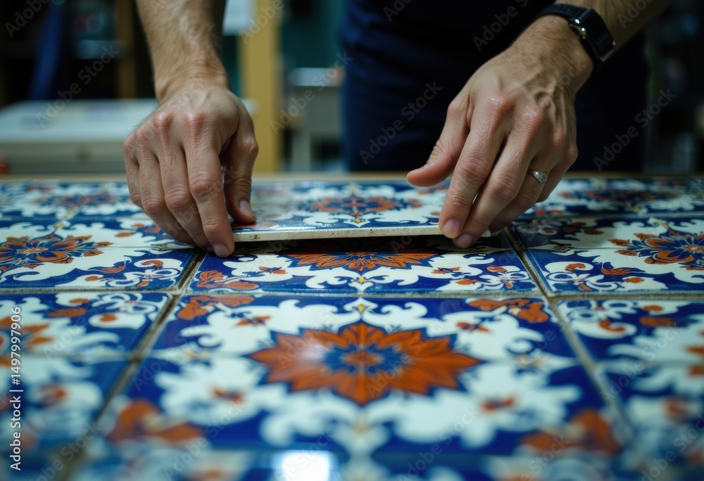 Hands carefully placing a tile on a beautifully patterned surface Hands carefully placing a tile on a beautifully patterned surface