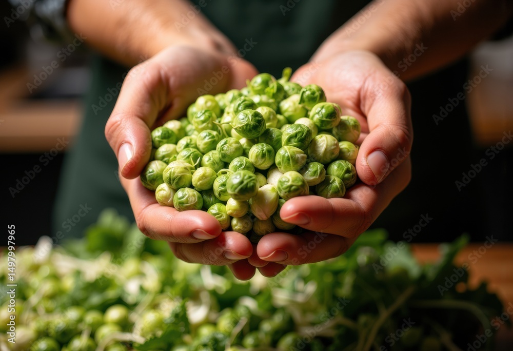 Fresh green Brussels sprouts held in hands, ready for cooking Fresh green Brussels sprouts held in hands, ready for cooking