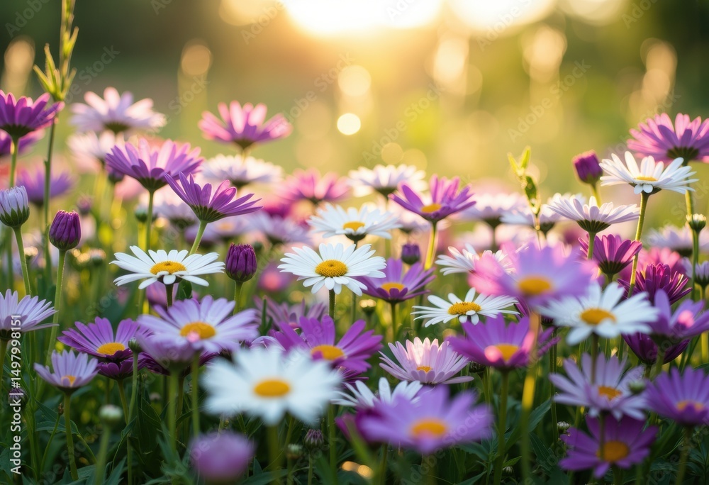 Fototapeta premium A vibrant field of daisies and purple flowers illuminated by sunlight