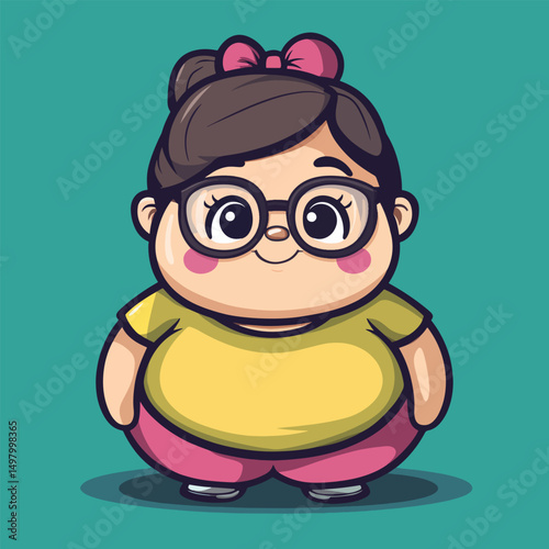 Cartoon girl with glasses pink bow yellow shirt and pink cheeks